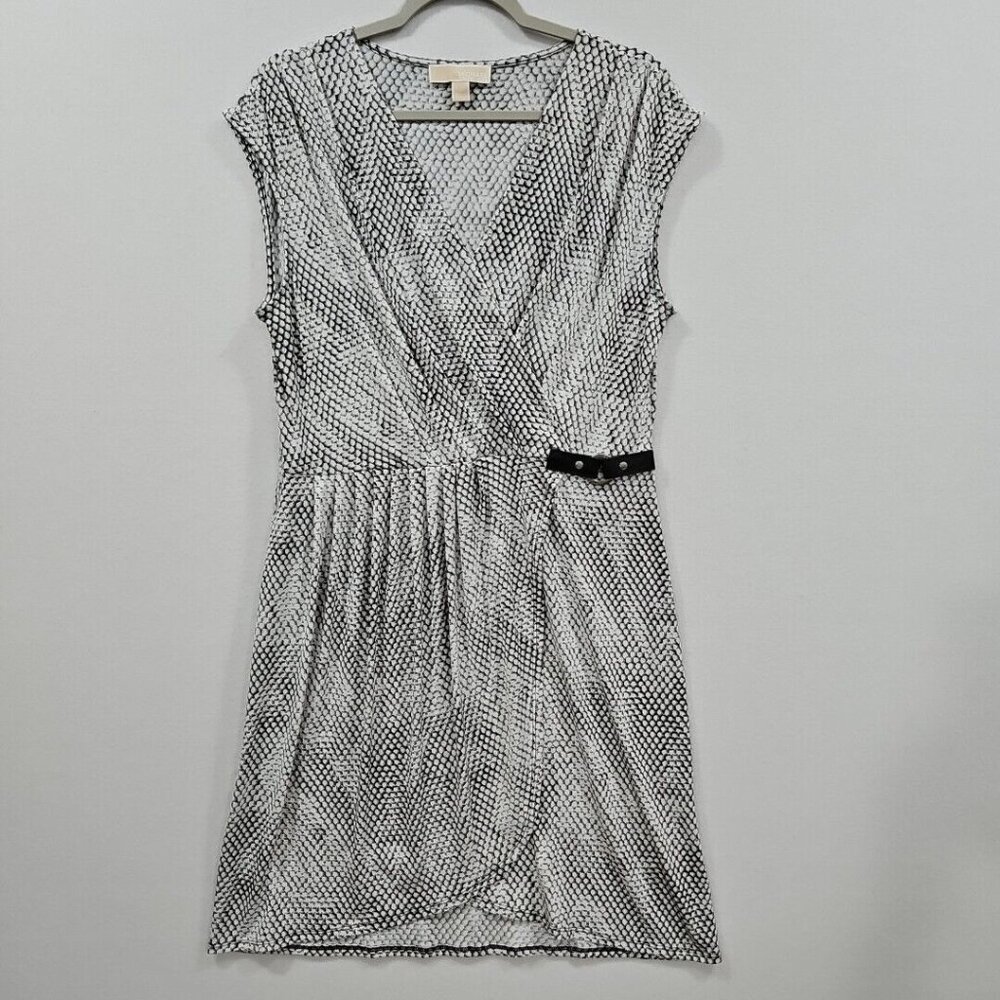 Michael Kors Snake Print Side Buckle Faux Wrap Sleeveless Dress L Black White